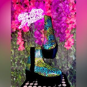 Yellow Teal Leopard Platform Booties